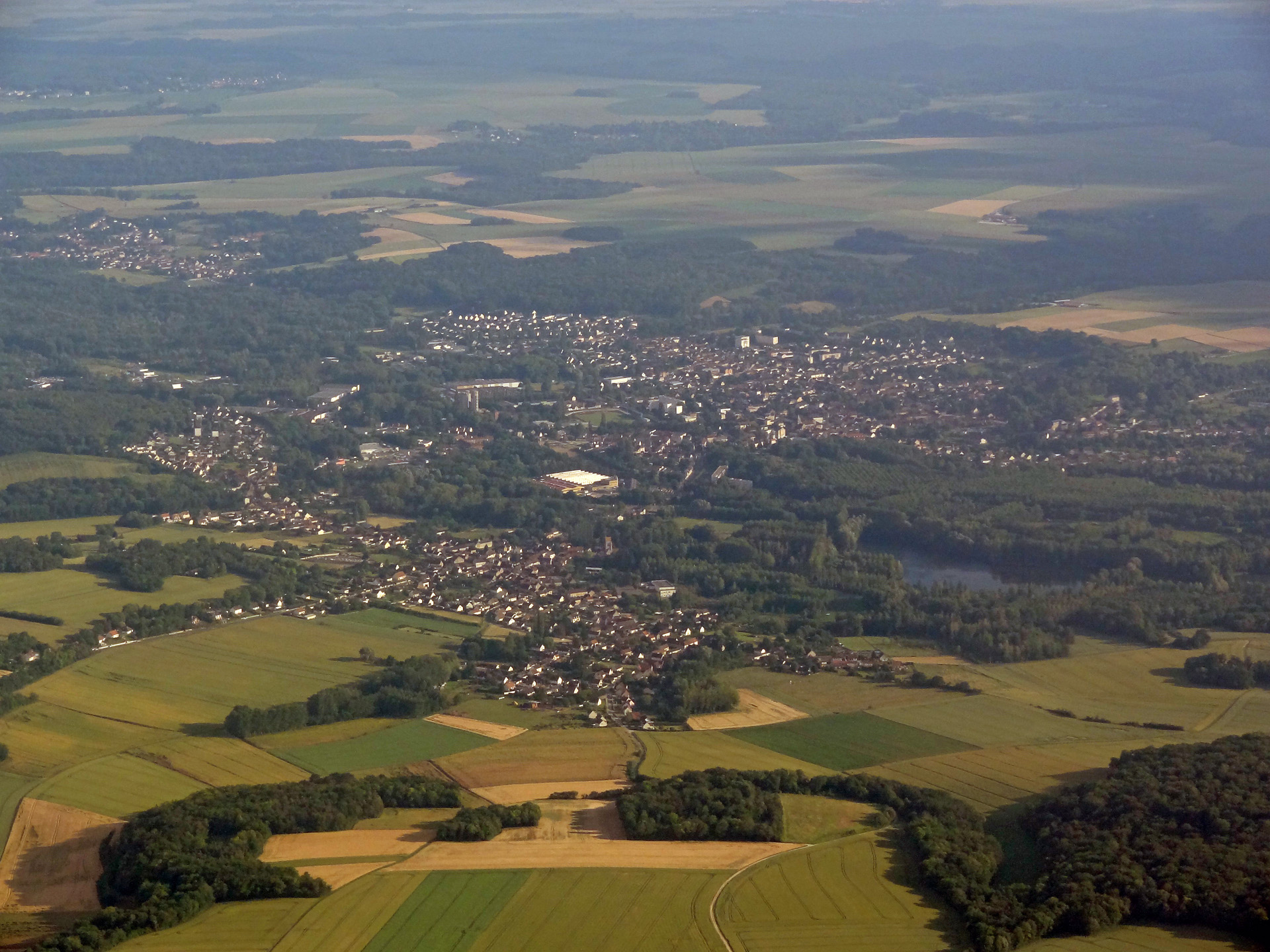 Aerial view of towns and countryside in the Oise valley, France