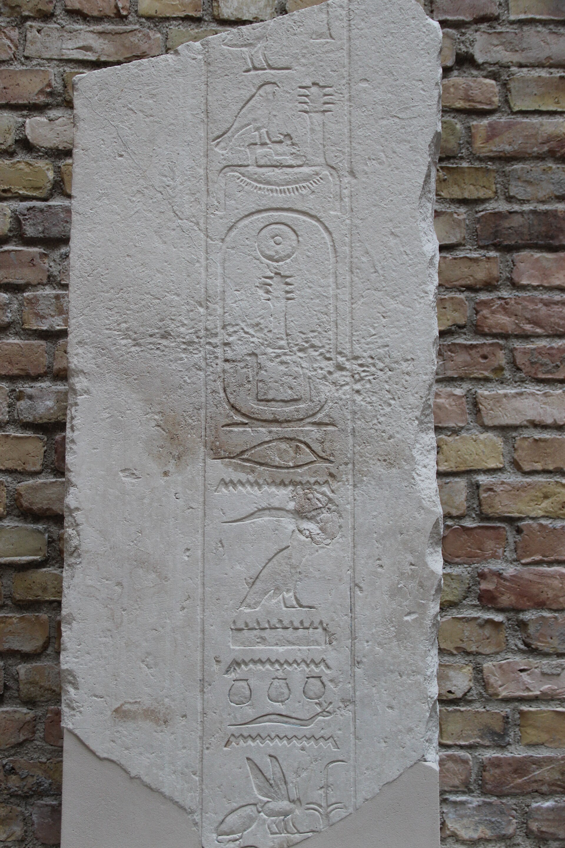 Carved limestone door jamb fragment bearing a royal cartouche in hieroglyphs, displayed in a museum